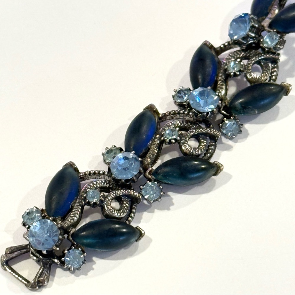 Vintage Florenza Blue Rhinestone Navette Marquise Bracelet Silver Tone Statement - Picture 16 of 16